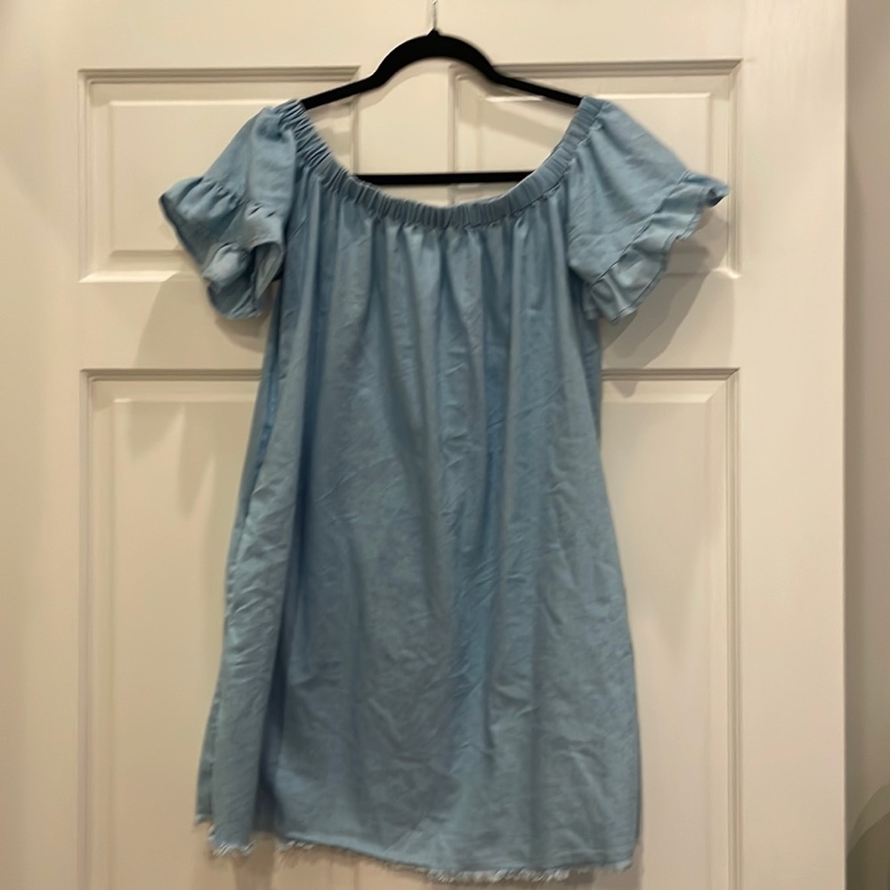 Hem and Thread light weight chambray off the shoulder dress.